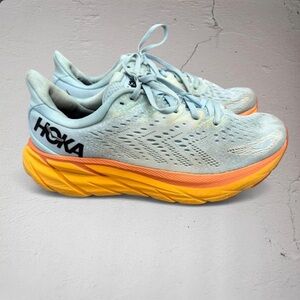 Hoka Clifton 8 Women's Light Blue Running Shoes with Orange-Yellow Midsole